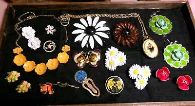 Lot Of Vintage Bright Enamel & Vtg Plastic Flower Brooches~earrings & More! • $14