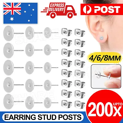 50/100/200PCS Earring Stud Posts Pads+Nut Backs Silvery Surgical Steel DIY Craft • $4.95