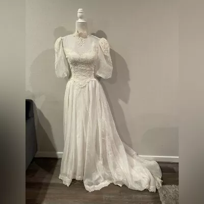 Vintage Cottagecore Victorian Unionmade High Neck Lace Beaded Wedding Gown XS/S • $150