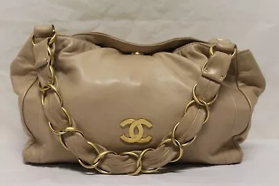 Authentic CHANEL Lamb Skin Chain Vintage Shoulder Bag Beige CC C3 • $799.99