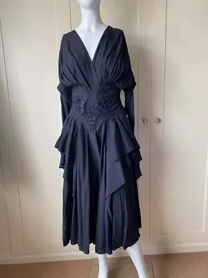 Que Clothing Vintage 70s 80s Size Small Black Dress Tiered Ruffled Skirt Gothic • £130