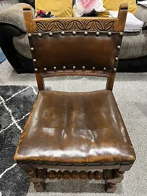 Old Charm Leather And Oak Barley Twist Dining Chairs X6 Plus One Carver • £50