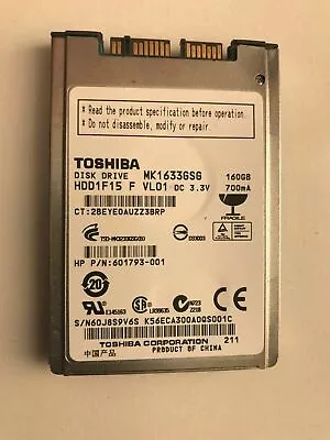 Toshiba MK1633GSG 160GB Micro SATA 1.8  Hard Drive Windows 7 For HP 2530P 2540P • $59.95