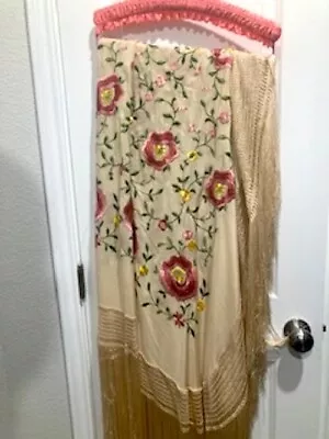 Vintage 1920 Cream Floral Embroidered Piano Scarf 56 X56  With 15  Fringe • $300