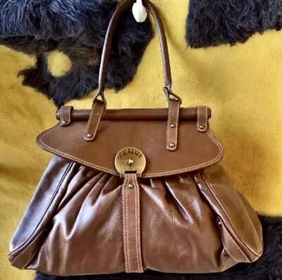 FENDI Italy Brown Calf Leather Satchel Handbag Vintage Authentic Trapezio FLAW  • $224.99