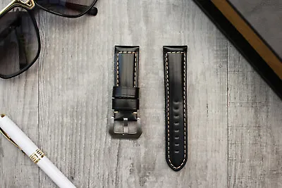 For OFFICINE PANERAI Luminor Marina 24mm Black Oil Wax Leather Watch Strap Band • £38