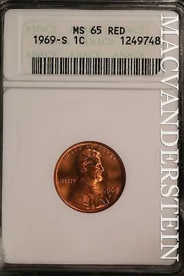 $7.50 • Buy 1969-S Lincoln Memorial Cent- ANACS-MS65 Red Brilliant Uncirculated #SLW521
