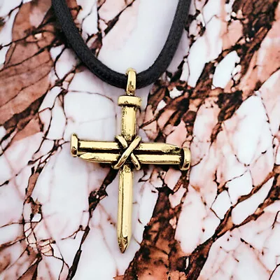 3 Nail Cross Gold Metal Finish Black Cord (Lc87g)  Necklace • $12.99