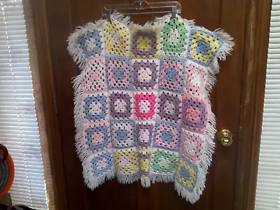 $19.99 • Buy Crochet BABY BLANKET AFGHAN Lap Granny Squares Fringe Soft Warm 32  X 32  