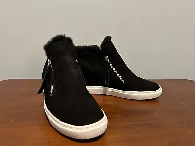 Madden Girl Prevale Hidden Wedge Black Faux Fur And Suede Double Zip Boot 8.5 • $28