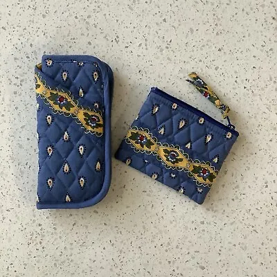 Vera Bradley Blue FRENCH Yellow Zip Wallet Coin Case Pouch And Eyeglass Case 90s • $24.99