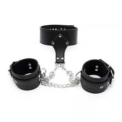 BDSM  Restraint Set Collar With Handcuffs Wrist Metal Choker Sex Toy NEW • $23.90