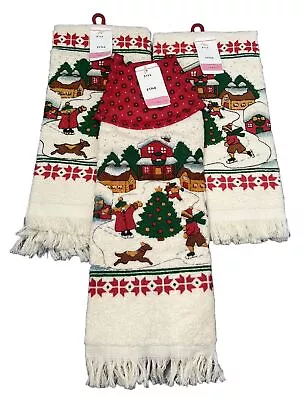 Vintage Christmas Hand Towels Terry Cloth Fringe Snow Village Holiday Set 3 New • $22