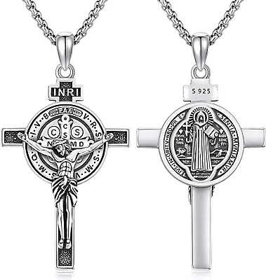 925 Sterling Silver Jesus Crucifix St Benedict Cross Necklace Amulet Men 22+2  • $210.63