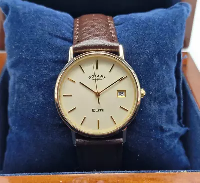 Vintage Rotary Elite Solid 9k Gold Quartz Man's Watch & Boxed / L062 • £459