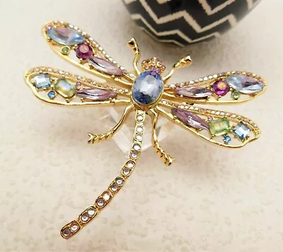 Vintage Style Multicolored Crystal Rhinestone Dragonfly Brooch • $10