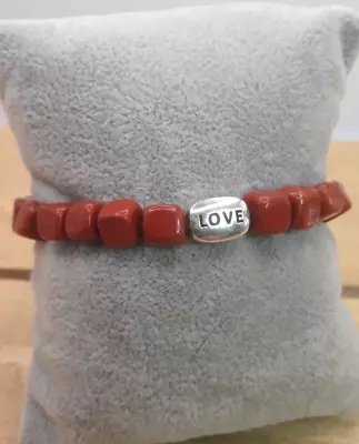 Vtg MD SIgned Coral / Sterling Silver  LOVE  Scripted Bead Stretch Bracelet 6.5  • $17.99