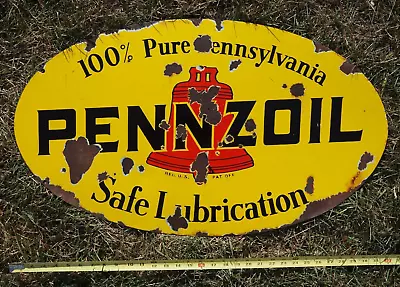 Original PENNZOIL Porcelain Sign - Double Sided Vintage Gas Oil • $450