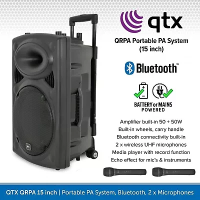 QTX QR15PABT 15” Portable PA Speaker System With Bluetooth & Wireless Microphone • £249