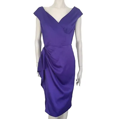 DEBENHAMS Wiggle Pencil Dress Purple Satin Retro 50s Ruched Waist Sash Cocktail • £21.99