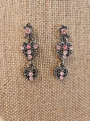 Silver Dangle Drop Pierced Earrings Marcasite And Pink Crystals In Heart Setting • $9.97