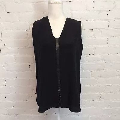 Vince Leather Trim Sleeveless Silk Blouse Black Size M • $49