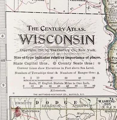 1899 WISCONSIN Map ORIGINAL Green Bay Madison RAILROADS Superior Milwaukee • $34.88