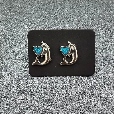 Vintage Dolphin Pierced Earrings Silver Tone Turquoise Chip Inlay Heart Studs • $10