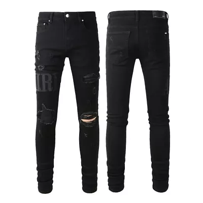 Men's Skinny Fit Stretch Ripped Denim Jeans Embroidered Faux Leather Patched • $59.25