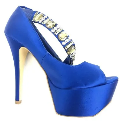 Vtg Stiletto Heels 6 Blue Satin Peep Toe Platform  Bling  High Heel Shoes Y2K • $64.98