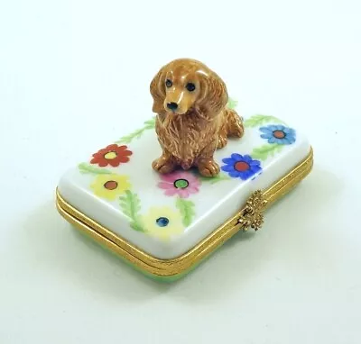 New French Limoges Trinket Box Cute Dachshund Dog Puppy In Gorgeous Garden • $149.99