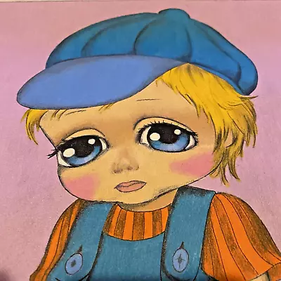 Big Blue Sad Eyes Boy Flare Overalls Cap Rocking Horse Toy Vtg 70s Retro Artwork • $29.95