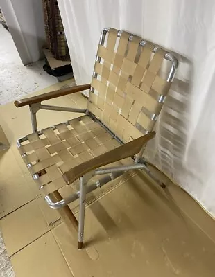 Vintage Aluminum Webbed Tan Folding Lawn Chair W/ Wood Armrests • $39