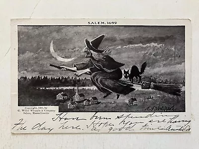 1903 Halloween Postcard Salem 1692  Witch On Broom With Cat G. Willis Whipple • £47.77