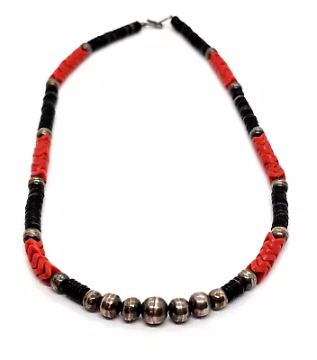 Santo Domingo Sterling Silver Bench Bead Carved Coral  Heishi Shell Necklace 17  • $48