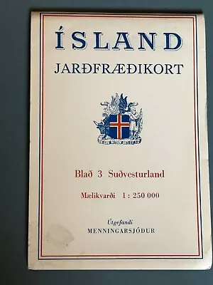 Vintage Geodaetisk Institut Geological Map Of Sudvesturland Iceland 1960 • £21.85