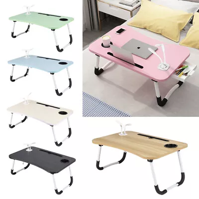 Folding Laptop Bed Tray Table Portable Lap Desk Notebook Breakfast With Cup Slot • £14.94