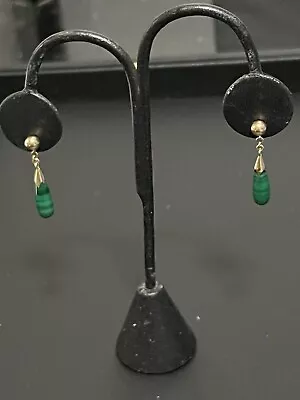 14k Yellow Gold Green Malachite Dangle Stud Earrings 1 1/4” Weigh 3.5 G. • $130