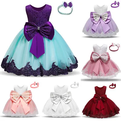 £4.59 • Buy Flower Girls Bridesmaid Dress Baby Kids Party Wedding Lace Bow Princess Dresses*