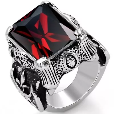 Vintage Black Stainless Steel Mens Fleur De Lis Dragon Claw Ring Square Red CZ • $11.99