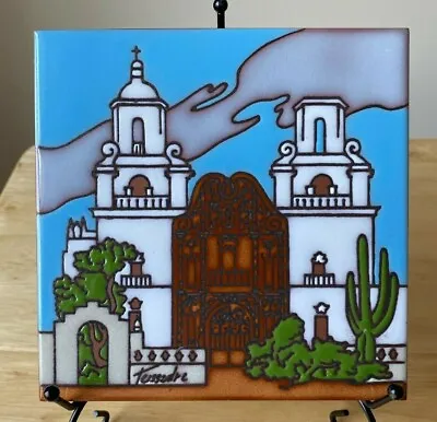 CLEO TEISSEDRE 6  Square San Xavier Del Bac Mission Art Pottery Tile - EUC • $30