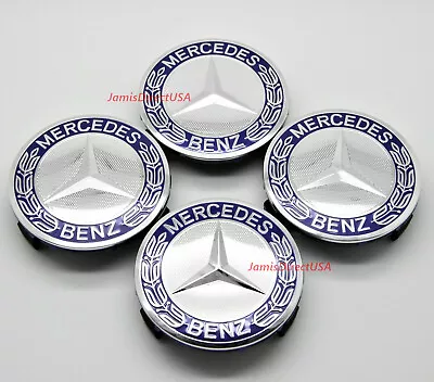 Set Of 4 Mercedes-Benz Dark Blue Chrome Rim Center Hub Wheel Caps Cover 75mm AMG • $13.90