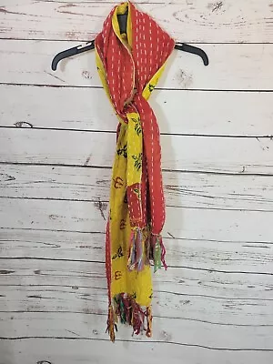 BOHO Mustard Yellow Hand Stitched Patchwork Hippie Fringe Indian Wrap Scarf • $18