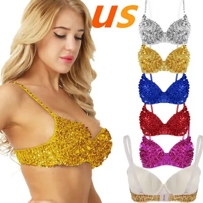 US Women's Sequin Bra Sparkle Shiny Glitter Bralet Bra Top Belly Dance Clubwear • $14.43