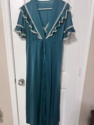 Vintage SHADOWLINE Peignoir Nightgown/Robe Set Sz S Teal W/Lace Long • $34.99