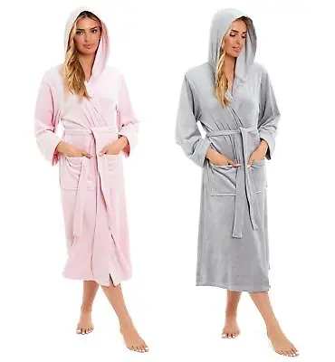 Womens Bath Robe Hooded Velour Robes Dressing Gown Stretch-Velour Belted Gowns • £17.99