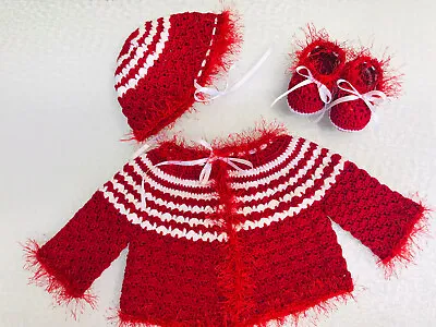 Baby Booties Jacket & Bonnet Crochet Handmade Newborn 0-12 Month Red & White • $59.99