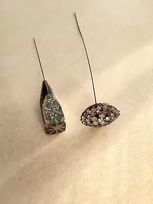2 Vintage/antique Hatpins-one Handmade/hand Painted Wood And One Rhinestone Pin • $8