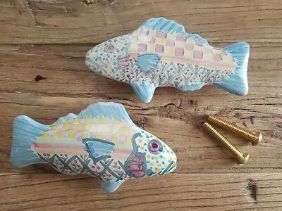 2 Mackenzie Childs Fish Knobs Pulls Blue Multi U.S.A. VTG 4.75  Each EUC • $79