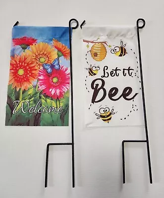 Mini Garden Flag & Stake Set Of 2 ~ Floral  Welcome ~Bee's  Let It Bee  One Side • $10